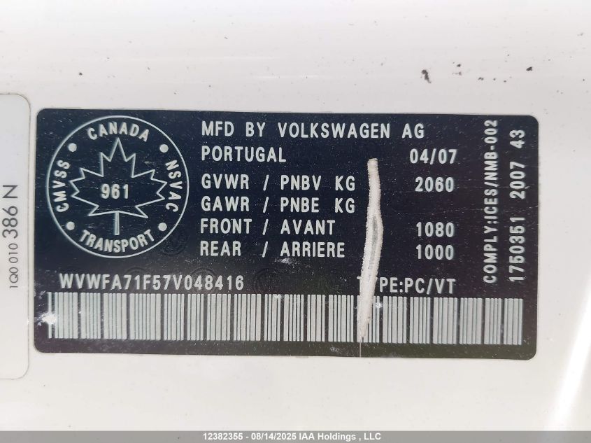 2007 Volkswagen Eos 2.0T Luxury VIN: WVWFA71F57V048416 Lot: 12382355