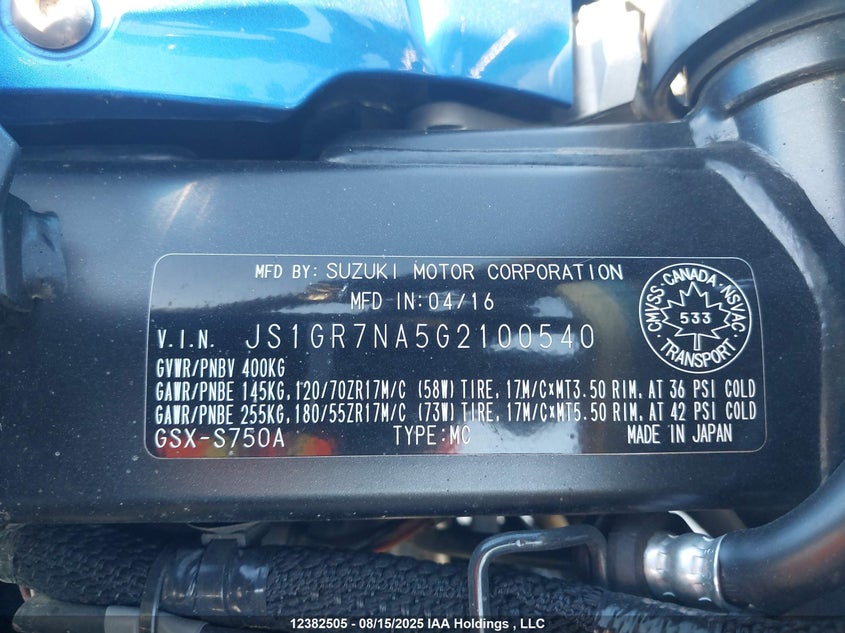 2016 Suzuki Gsx-S750 VIN: JS1GR7NA5G2100540 Lot: 12382505