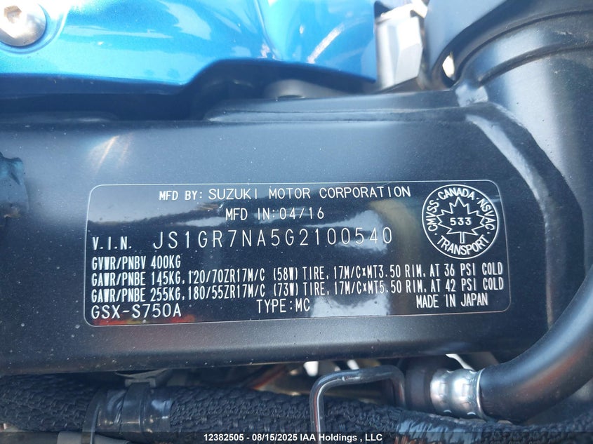 2016 Suzuki Gsx-S750 VIN: JS1GR7NA5G2100540 Lot: 12382505