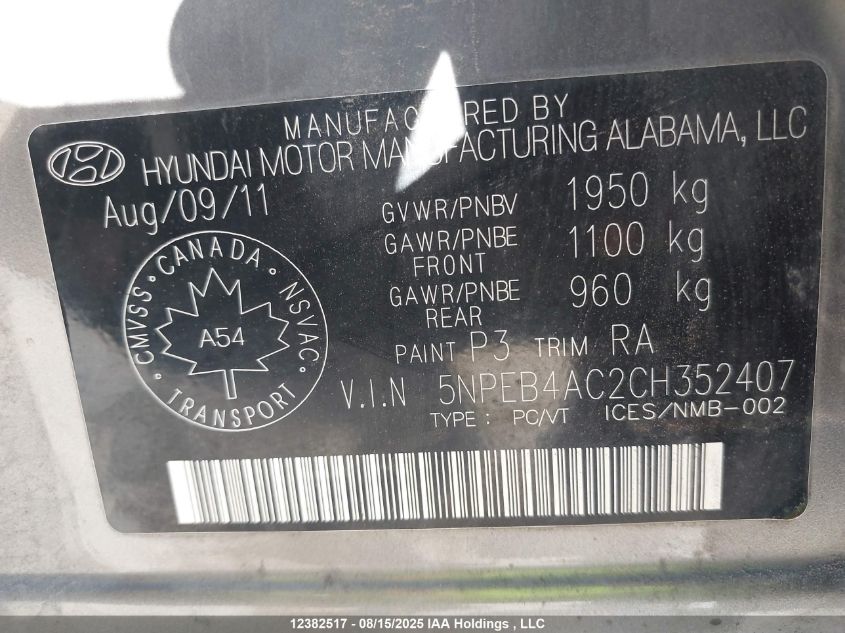 2012 Hyundai Sonata VIN: 5NPEB4AC2CH352407 Lot: 12382517