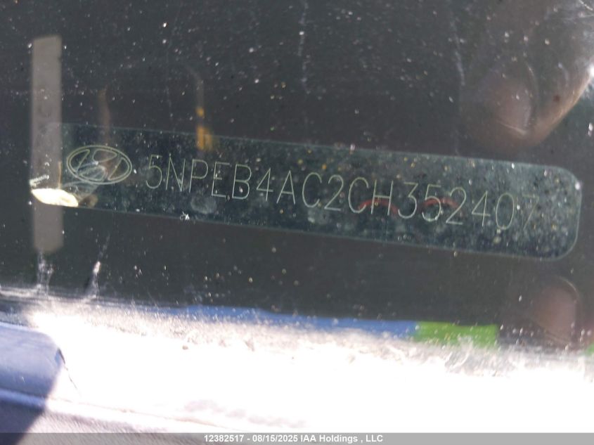 2012 Hyundai Sonata VIN: 5NPEB4AC2CH352407 Lot: 12382517