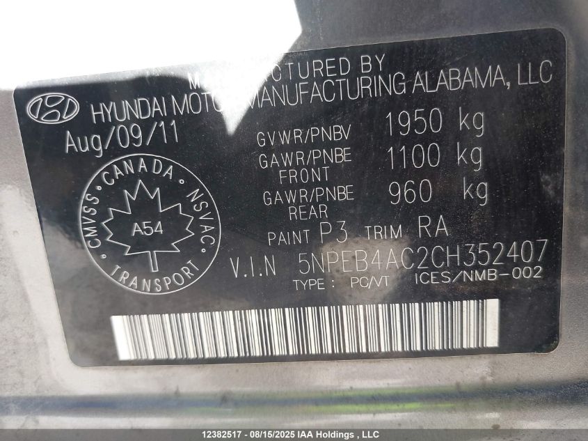 2012 Hyundai Sonata VIN: 5NPEB4AC2CH352407 Lot: 12382517