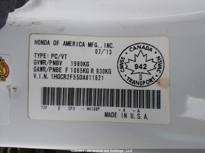 2013 Honda Accord Sport VIN: 1HGCR2F55DA811621 Lot: 12382651