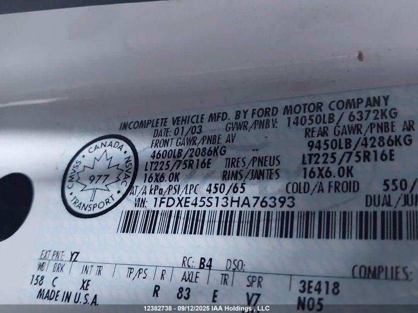 2003 Ford E-450 Cutaway Standard VIN: 1FDXE45S13HA76393 Lot: 12382738