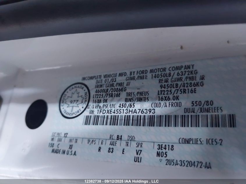 2003 Ford E-450 Cutaway Standard VIN: 1FDXE45S13HA76393 Lot: 12382738