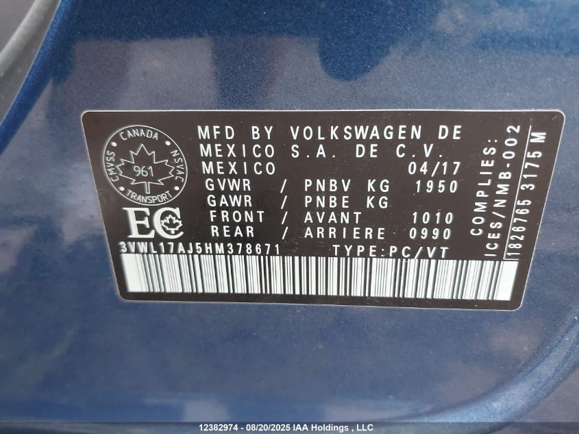 2017 Volkswagen Jetta Sel/Sel Premium VIN: 3VWL17AJ5HM378671 Lot: 12382974