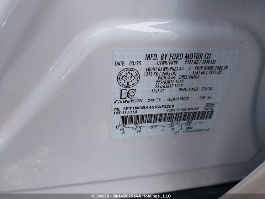 2025 Ford Maverick Xl VIN: 3FTTW8BA4SRA54209 Lot: 12383070