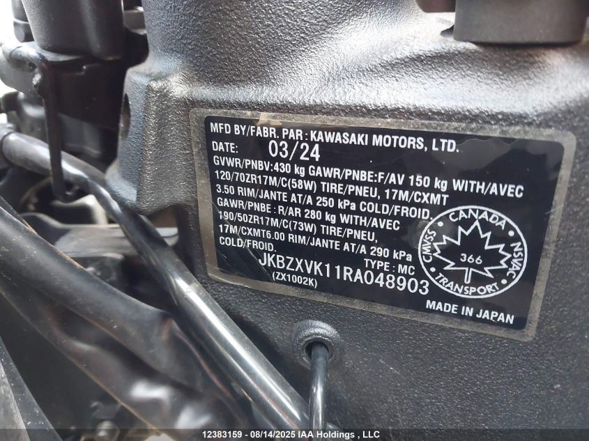 2024 Kawasaki Zx1002 K VIN: JKBZXVK11RA048903 Lot: 12383159