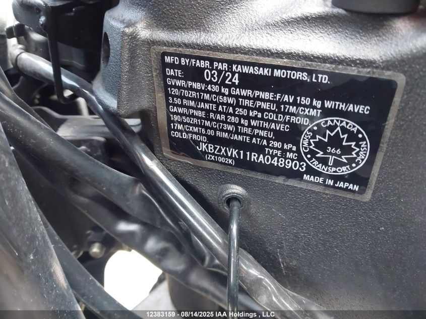 2024 Kawasaki Zx1002 K VIN: JKBZXVK11RA048903 Lot: 12383159