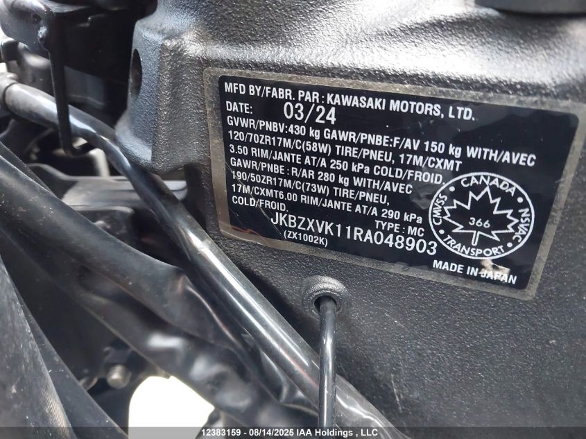2024 Kawasaki Zx1002 K VIN: JKBZXVK11RA048903 Lot: 12383159