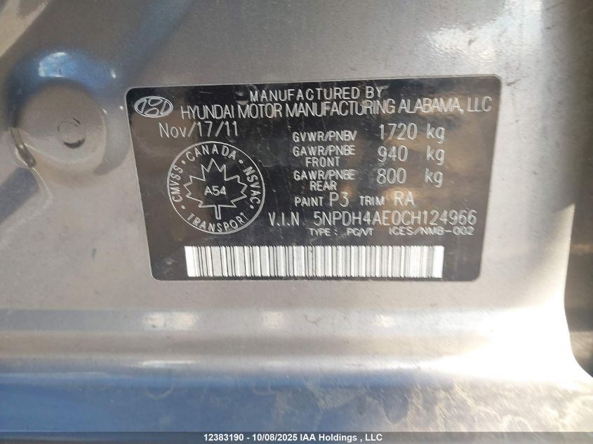 2012 Hyundai Elantra L VIN: 5NPDH4AE0CH124966 Lot: 12383190