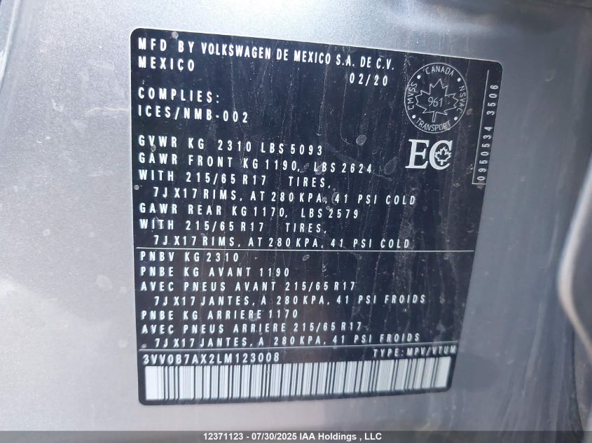 2020 Volkswagen Tiguan Trendline VIN: 3VV0B7AX2LM123008 Lot: 12371123X
