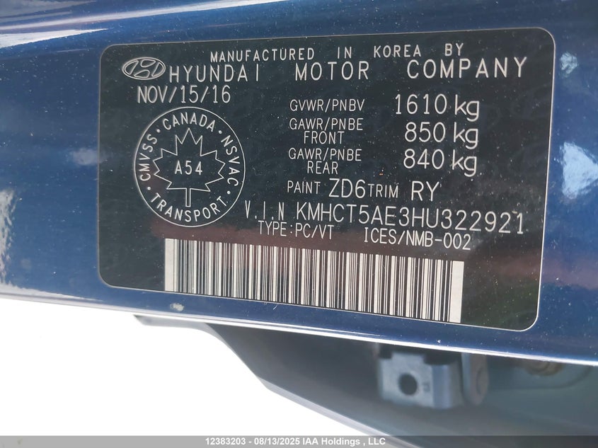 2017 Hyundai Accent Le VIN: KMHCT5AE3HU322921 Lot: 12383203