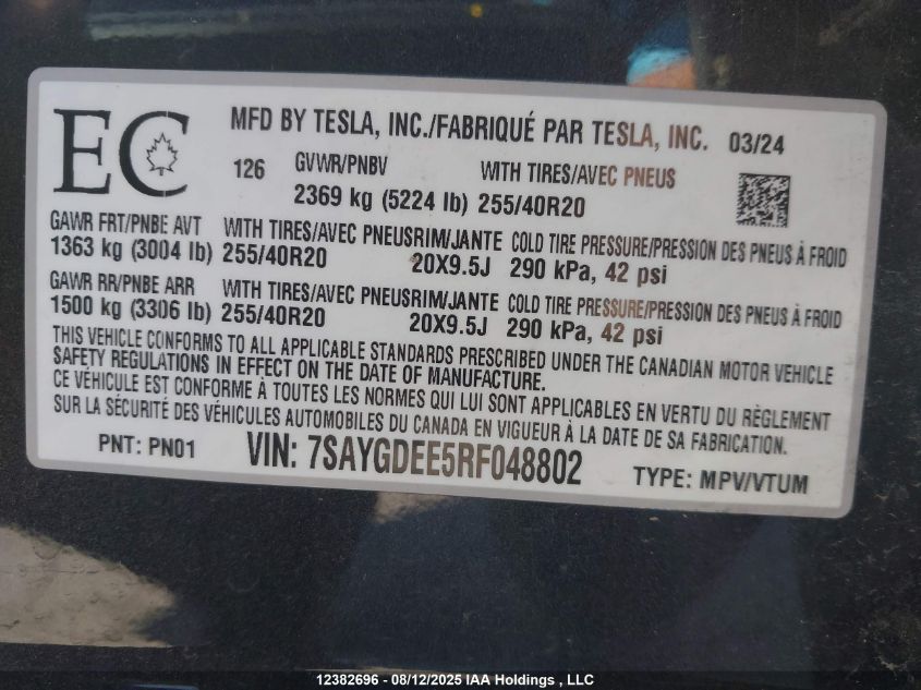 2024 Tesla Model Y VIN: 7SAYGDEE5RF048802 Lot: 12382696X