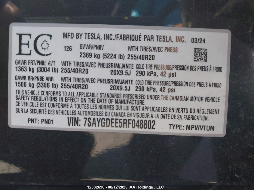 2024 Tesla Model Y VIN: 7SAYGDEE5RF048802 Lot: 12382696X