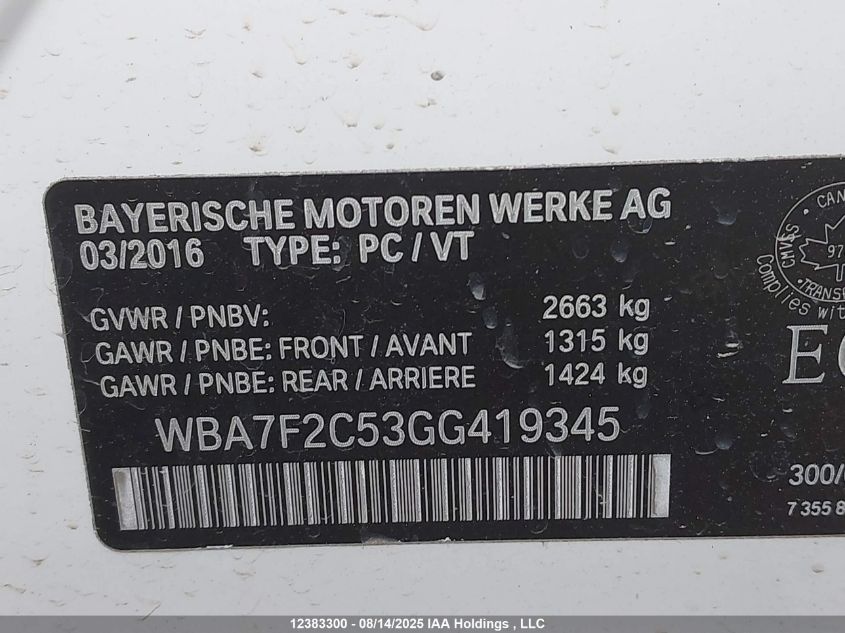 2016 BMW 750 Xi VIN: WBA7F2C53GG419345 Lot: 12383300