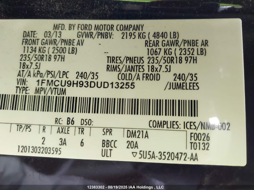 2013 Ford Escape Sel VIN: 1FMCU9H93DUD13255 Lot: 12383302