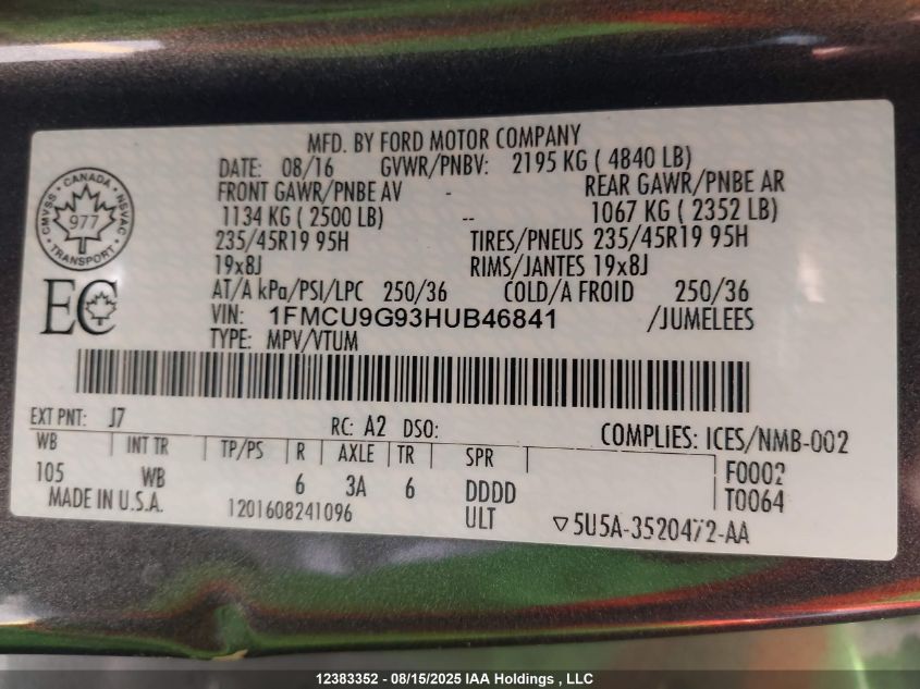 2017 Ford Escape Se VIN: 1FMCU9G93HUB46841 Lot: 12383352