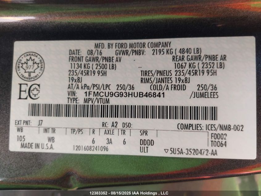 2017 Ford Escape Se VIN: 1FMCU9G93HUB46841 Lot: 12383352