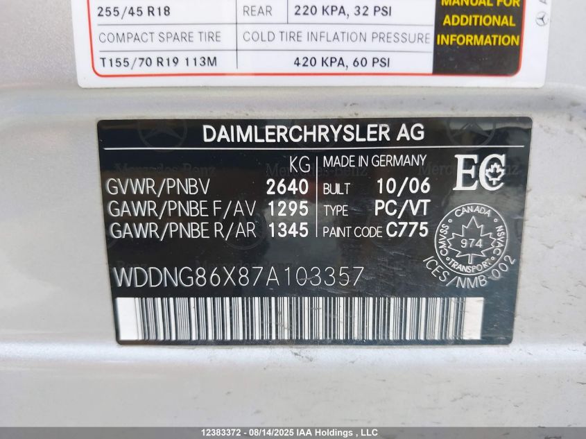 2007 Mercedes-Benz S 550 4Matic VIN: WDDNG86X87A103357 Lot: 12383372