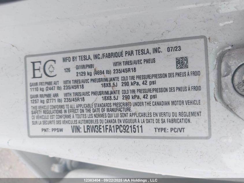 2023 Tesla Model 3 VIN: LRW3E1FA1PC921511 Lot: 12383404