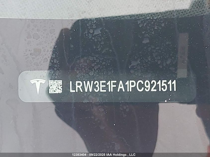 2023 Tesla Model 3 VIN: LRW3E1FA1PC921511 Lot: 12383404