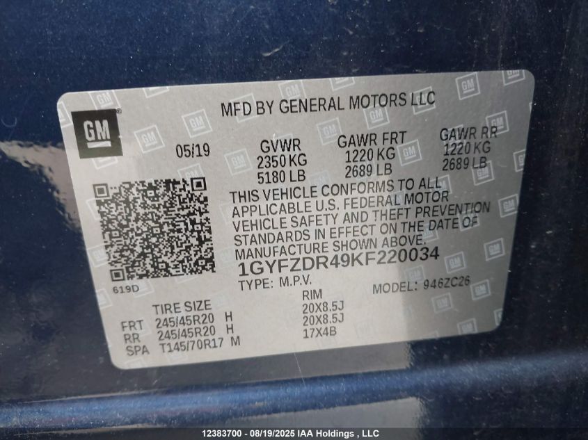 2019 Cadillac Xt4 Premium Luxury VIN: 1GYFZDR49KF220034 Lot: 12383700