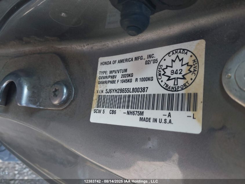 2005 Honda Element Ex VIN: 5J6YH28655L800387 Lot: 12383742