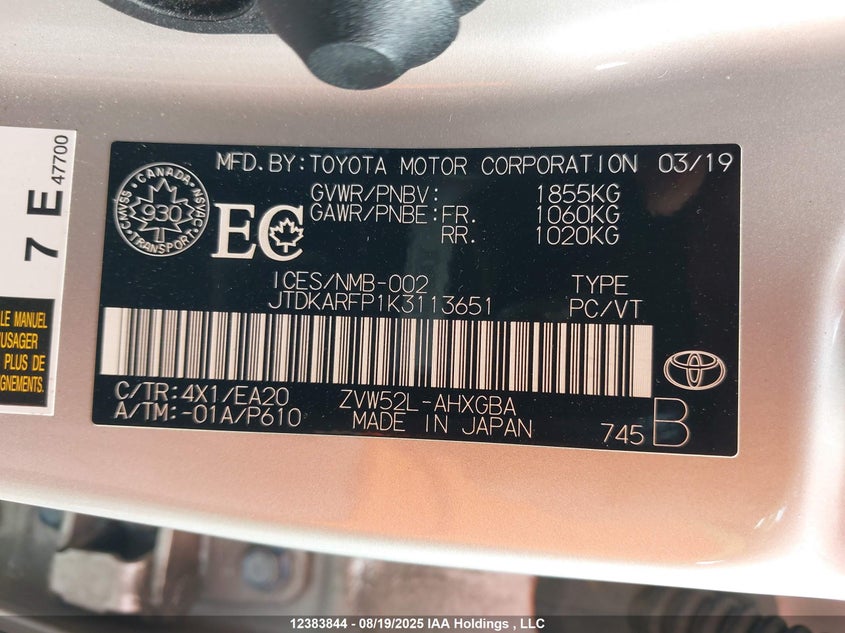 JTDKARFP1K3113651 2019 TOYOTA PRIUS photo no. 9