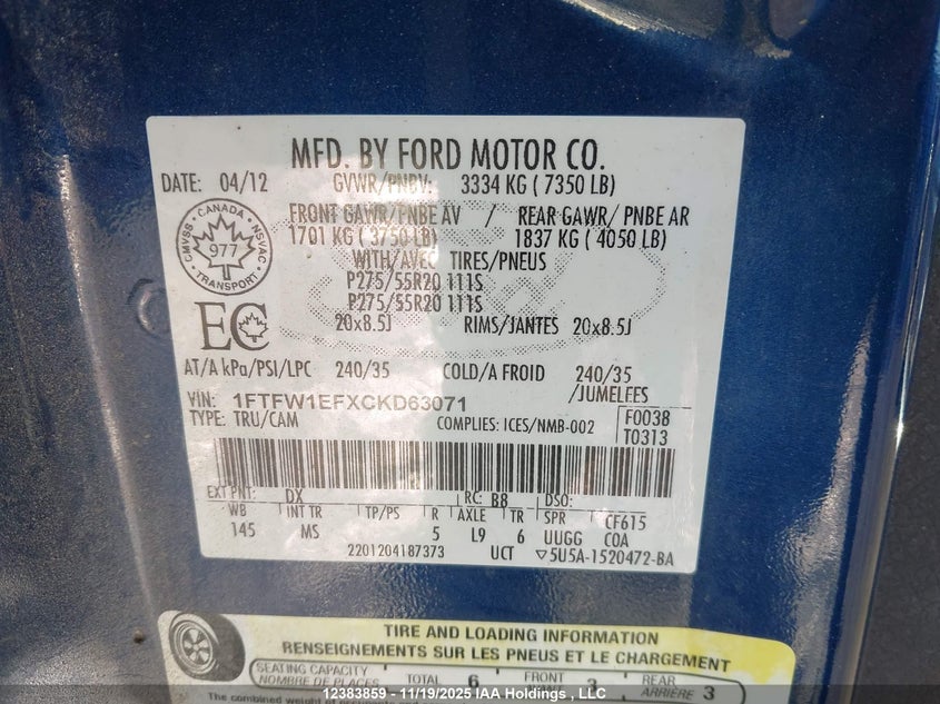 2012 Ford F150 Supercrew VIN: 1FTFW1EFXCKD63071 Lot: 12383859