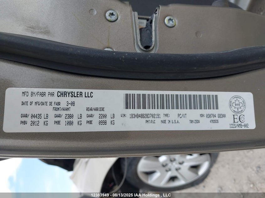 1B3HB48B28D702191 2008 DODGE CALIBER photo no. 9
