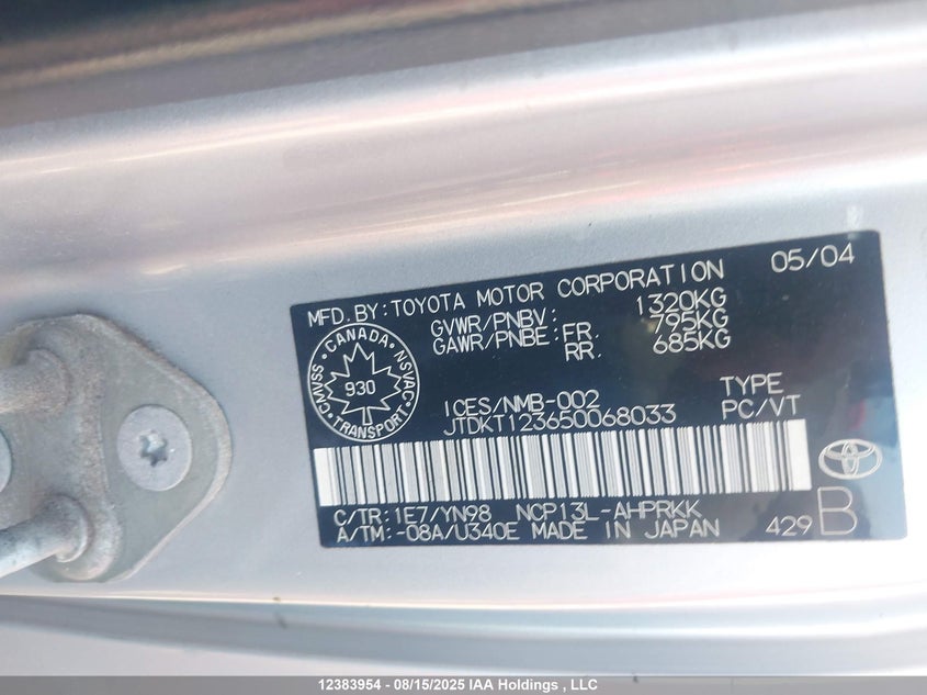 2005 Toyota Echo VIN: JTDKT123650068033 Lot: 12383954