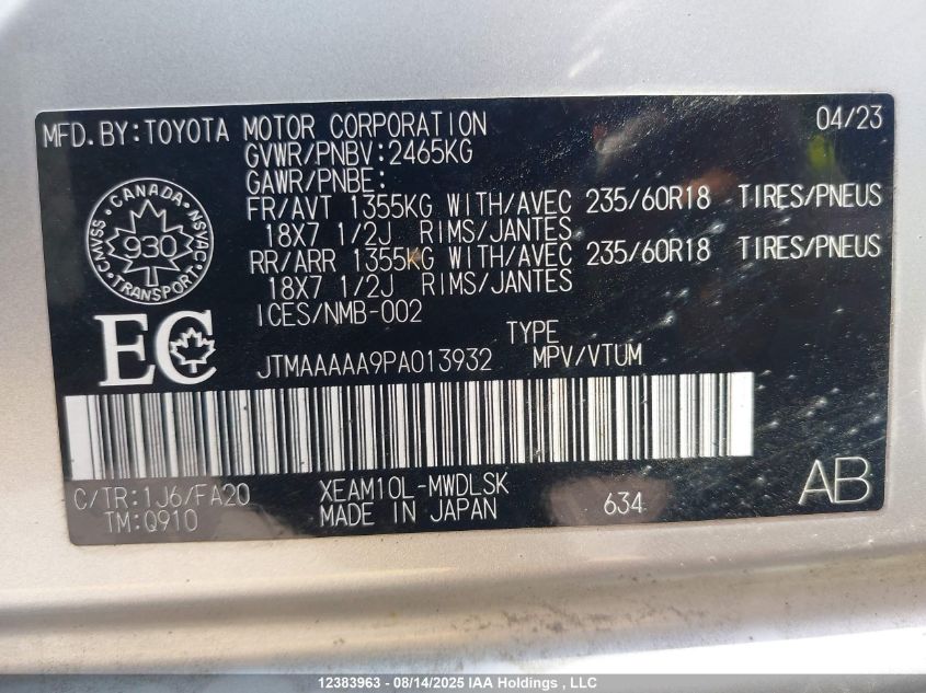 2023 Toyota Bz4X Xle/Limited VIN: JTMAAAAA9PA013932 Lot: 12383963