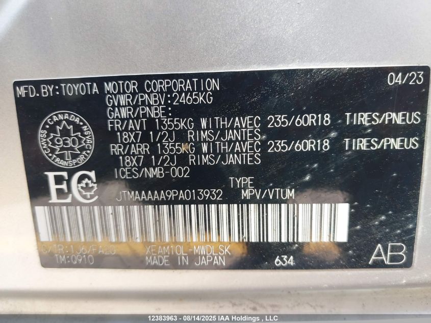 2023 Toyota Bz4X Xle/Limited VIN: JTMAAAAA9PA013932 Lot: 12383963