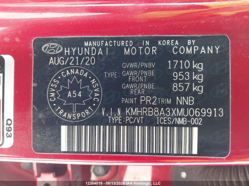 2021 Hyundai Venue Se VIN: KMHRB8A3XMU069913 Lot: 12384019