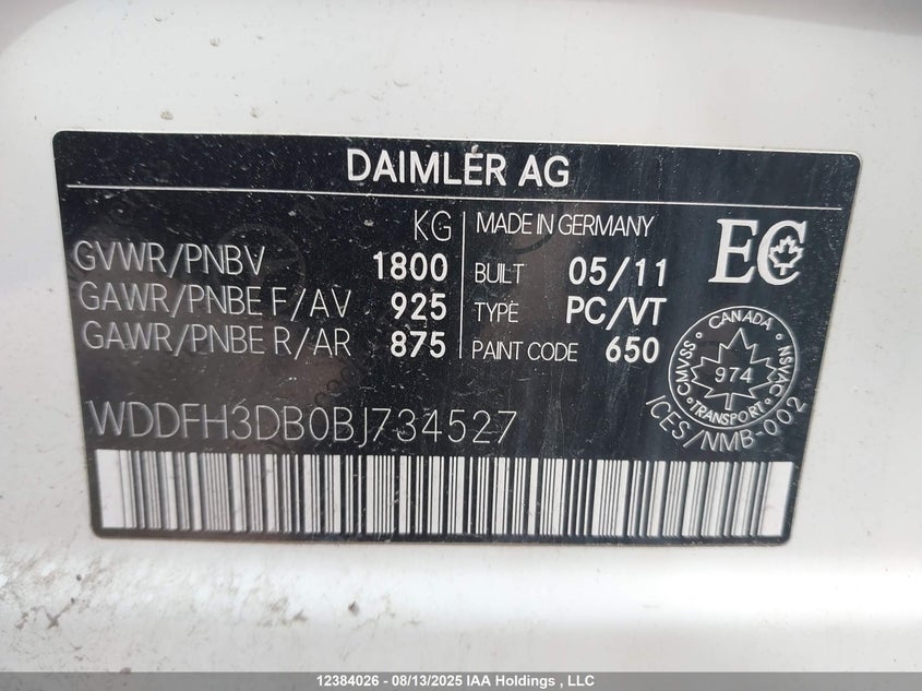 2011 Mercedes-Benz B 200 VIN: WDDFH3DB0BJ734527 Lot: 12384026