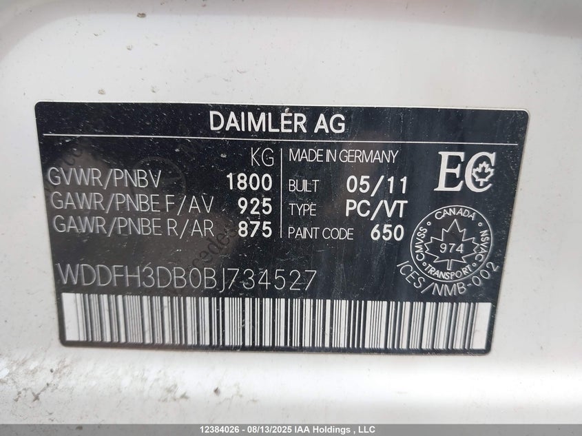 2011 Mercedes-Benz B 200 VIN: WDDFH3DB0BJ734527 Lot: 12384026