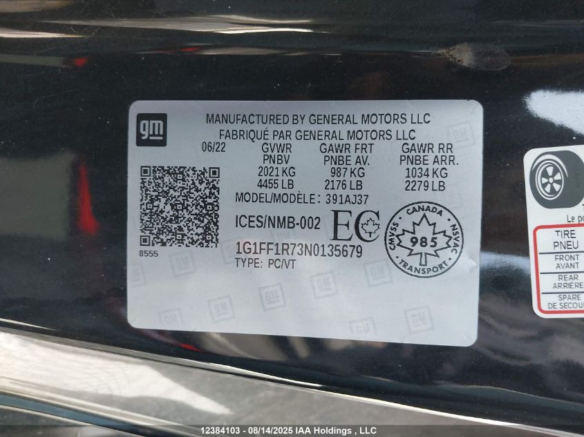 2022 Chevrolet Camaro Lt1/Ss VIN: 1G1FF1R73N0135679 Lot: 12384103