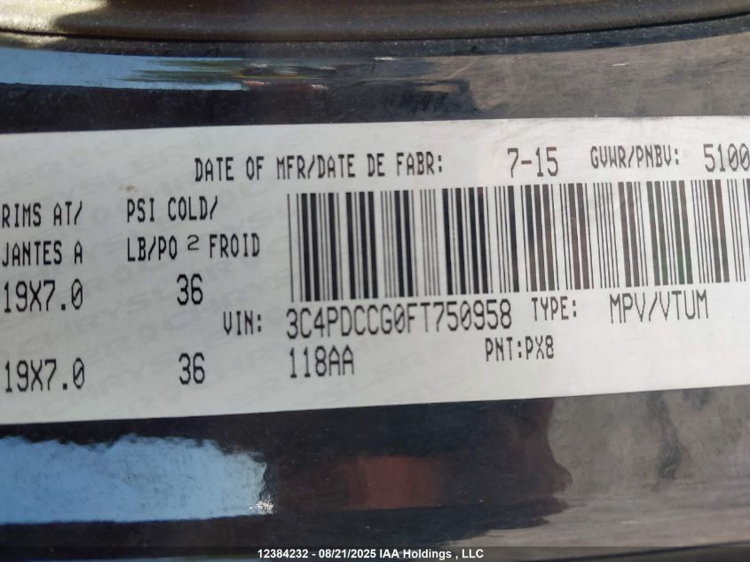 2015 Dodge Journey Sxt VIN: 3C4PDCCG0FT750958 Lot: 12384232