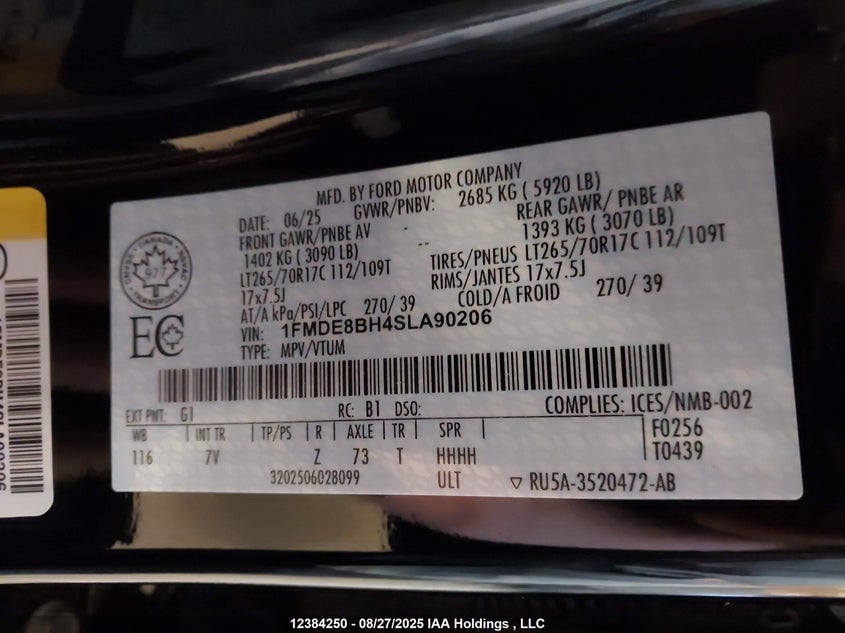 2025 Ford Bronco Outer Banks VIN: 1FMDE8BH4SLA90206 Lot: 12384250