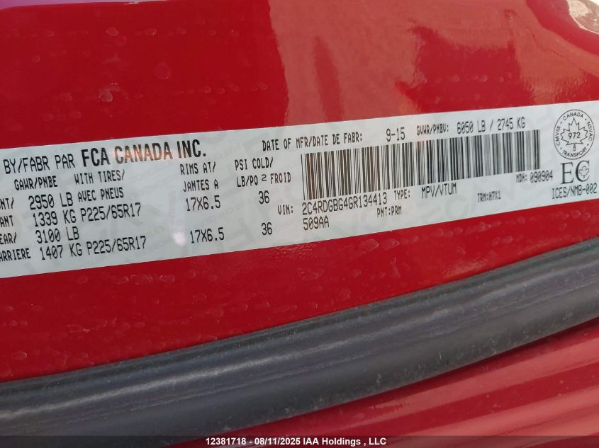 2016 Dodge Grand Caravan Se VIN: 2C4RDGBG4GR134413 Lot: 12381718X