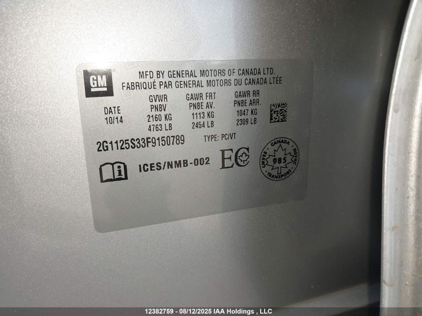 2015 Chevrolet Impala 2Lt VIN: 2G1125S33F9150789 Lot: 12382759X