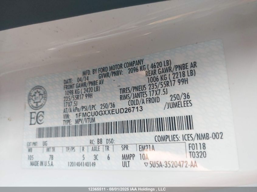 2014 Ford Escape Se VIN: 1FMCU0GXXEUD26713 Lot: 12365511X