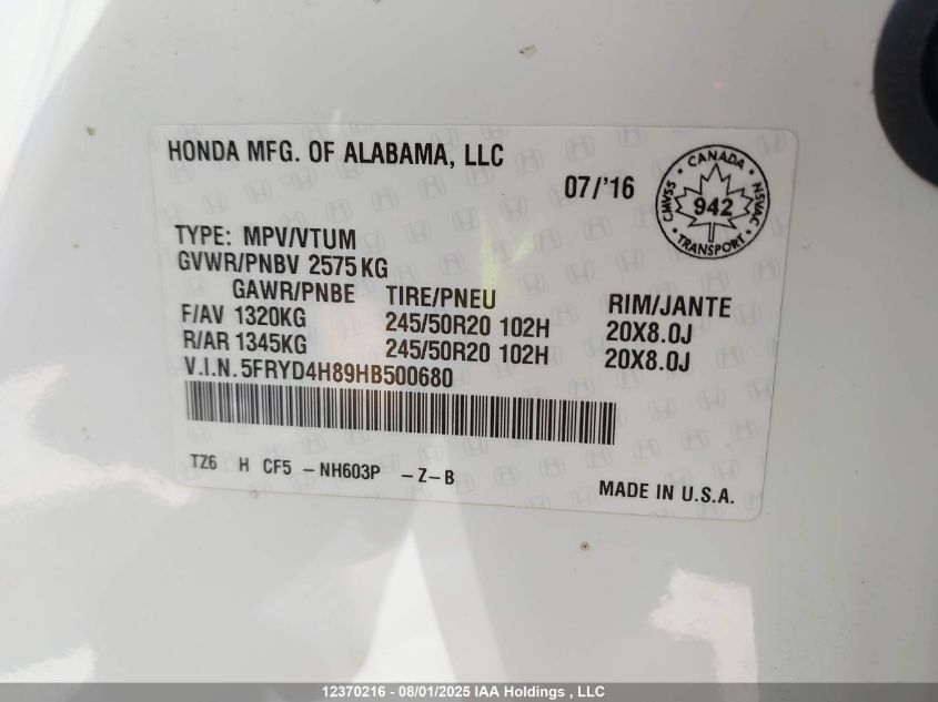 2017 Acura Mdx Elite Package VIN: 5FRYD4H89HB500680 Lot: 12370216X