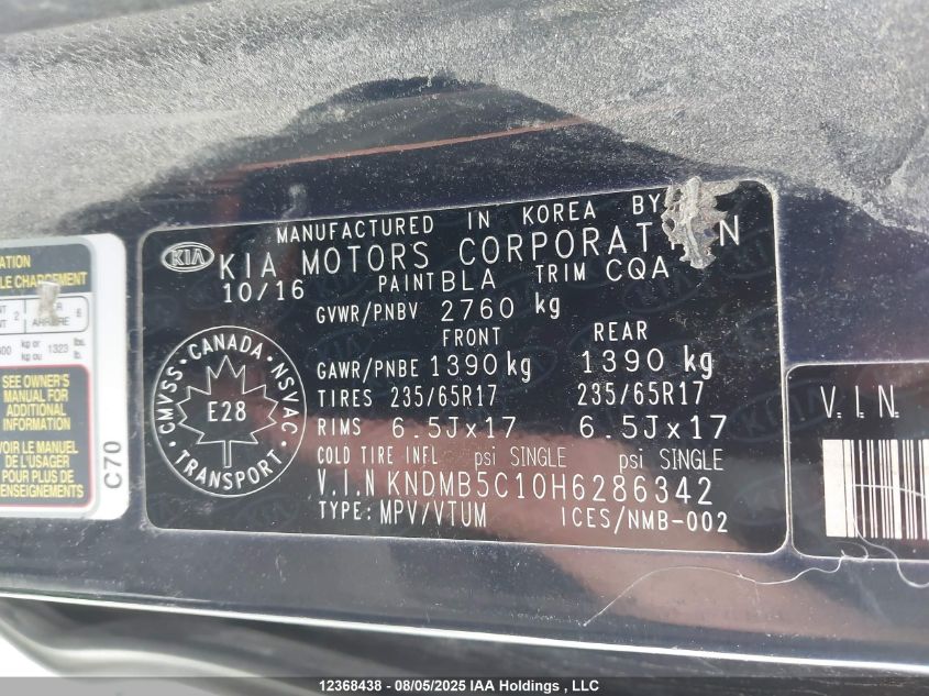 2017 Kia Sedona Lx VIN: KNDMB5C10H6286342 Lot: 12368438X