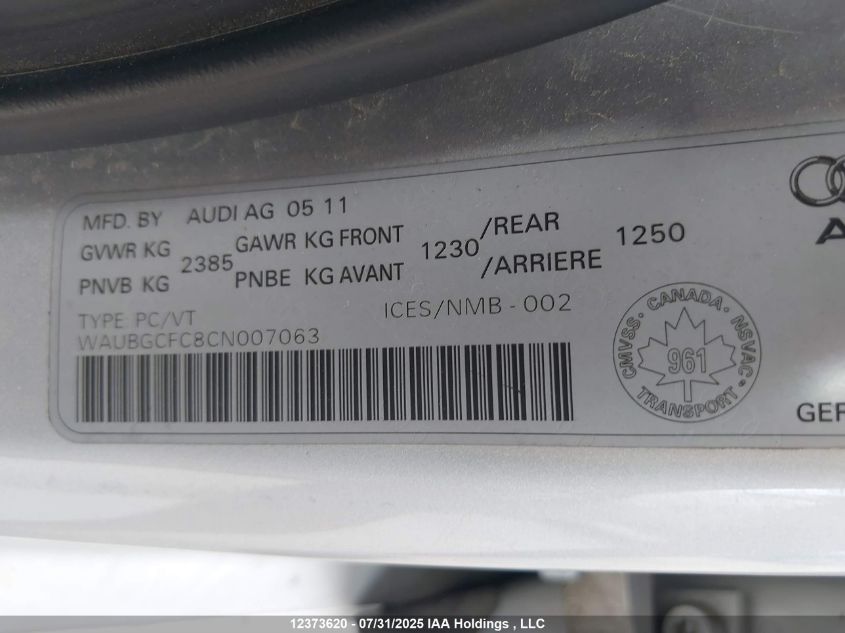 2012 Audi A6 3.0 Premium VIN: WAUBGCFC8CN007063 Lot: 12373620X