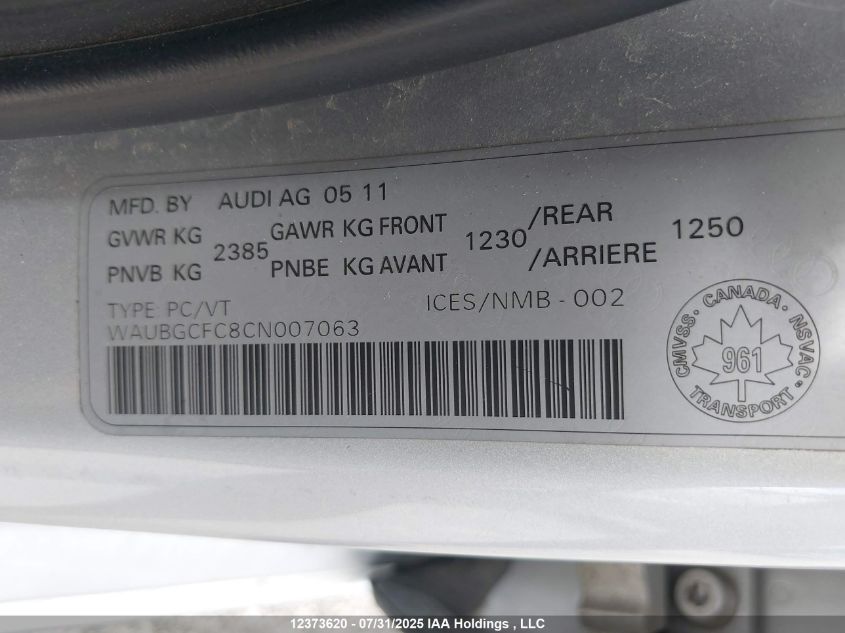 2012 Audi A6 3.0 Premium VIN: WAUBGCFC8CN007063 Lot: 12373620X