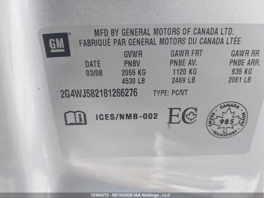 2008 Buick Allure Cxl VIN: 2G4WJ582181266276 Lot: 12384372