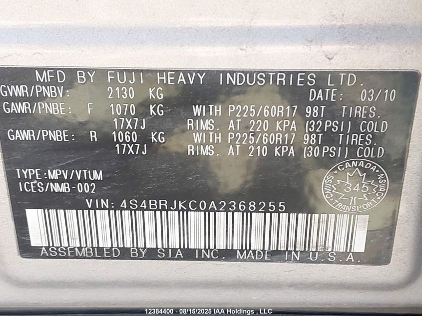 2010 Subaru Outback 3.6R Limited VIN: 4S4BRJKC0A2368255 Lot: 12384400