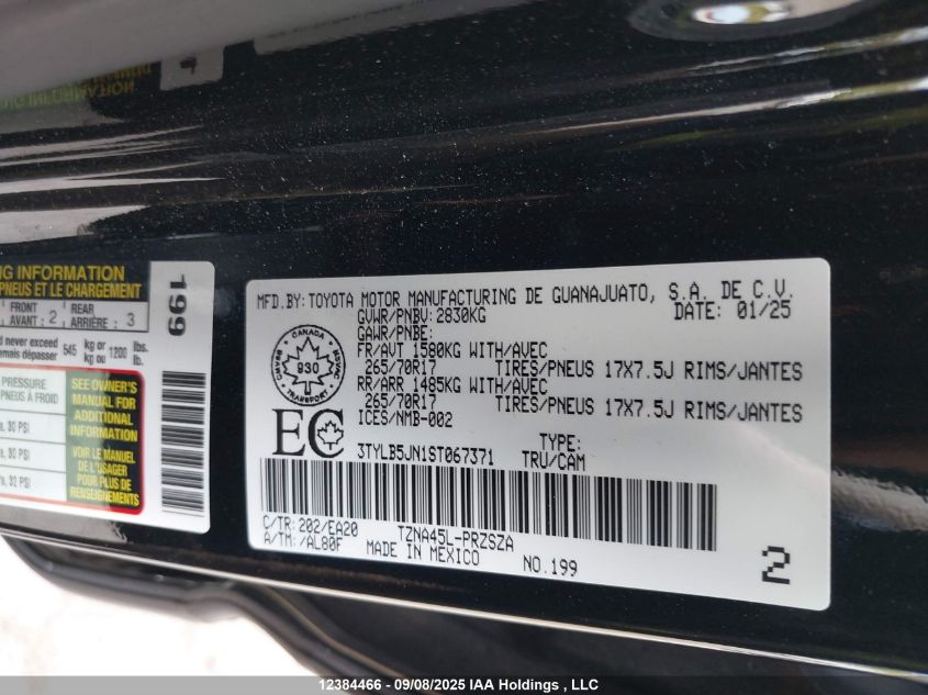 2025 Toyota Tacoma Double Cab/Sr5/Trd Sport/Trd Off Road/Ltd VIN: 3TYLB5JN1ST067371 Lot: 12384466